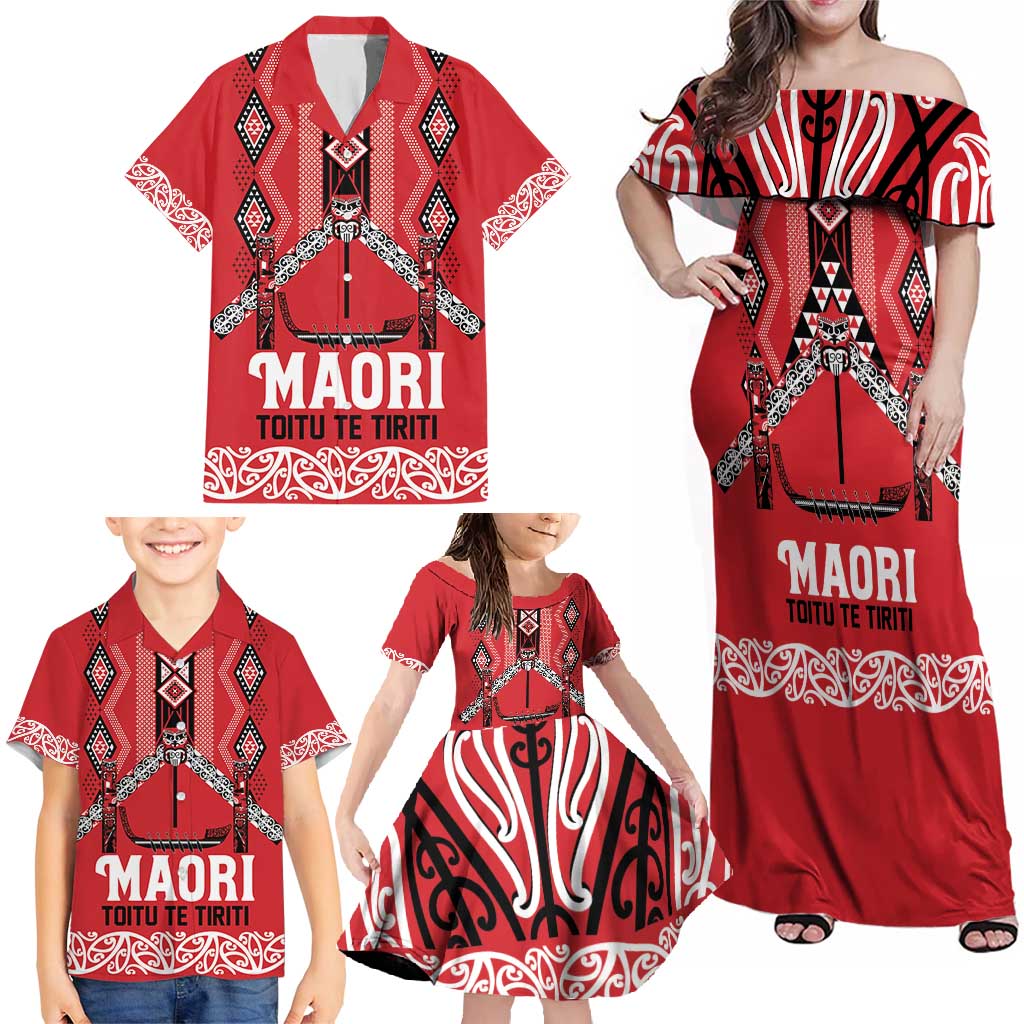 Toitu Te Tiriti Waitangi Family Matching Off Shoulder Maxi Dress and Hawaiian Shirt Red Wharenui House - Polynesian Pride