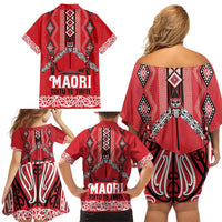 Toitu Te Tiriti Waitangi Family Matching Off Shoulder Short Dress and Hawaiian Shirt Red Wharenui House - Polynesian Pride