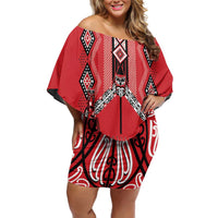 Toitu Te Tiriti Waitangi Family Matching Off Shoulder Short Dress and Hawaiian Shirt Red Wharenui House - Polynesian Pride