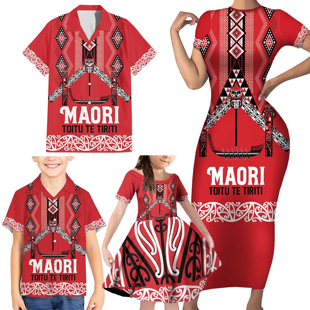 Toitu Te Tiriti Waitangi Family Matching Short Sleeve Bodycon Dress and Hawaiian Shirt Red Wharenui House - Polynesian Pride