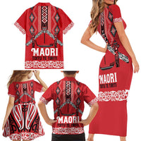 Toitu Te Tiriti Waitangi Family Matching Short Sleeve Bodycon Dress and Hawaiian Shirt Red Wharenui House - Polynesian Pride