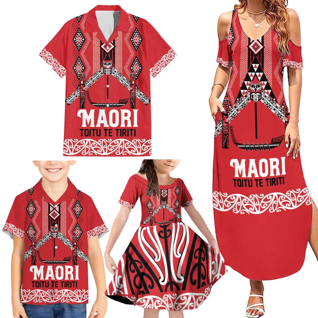 Toitu Te Tiriti Waitangi Family Matching Summer Maxi Dress and Hawaiian Shirt Red Wharenui House LT9 - Polynesian Pride