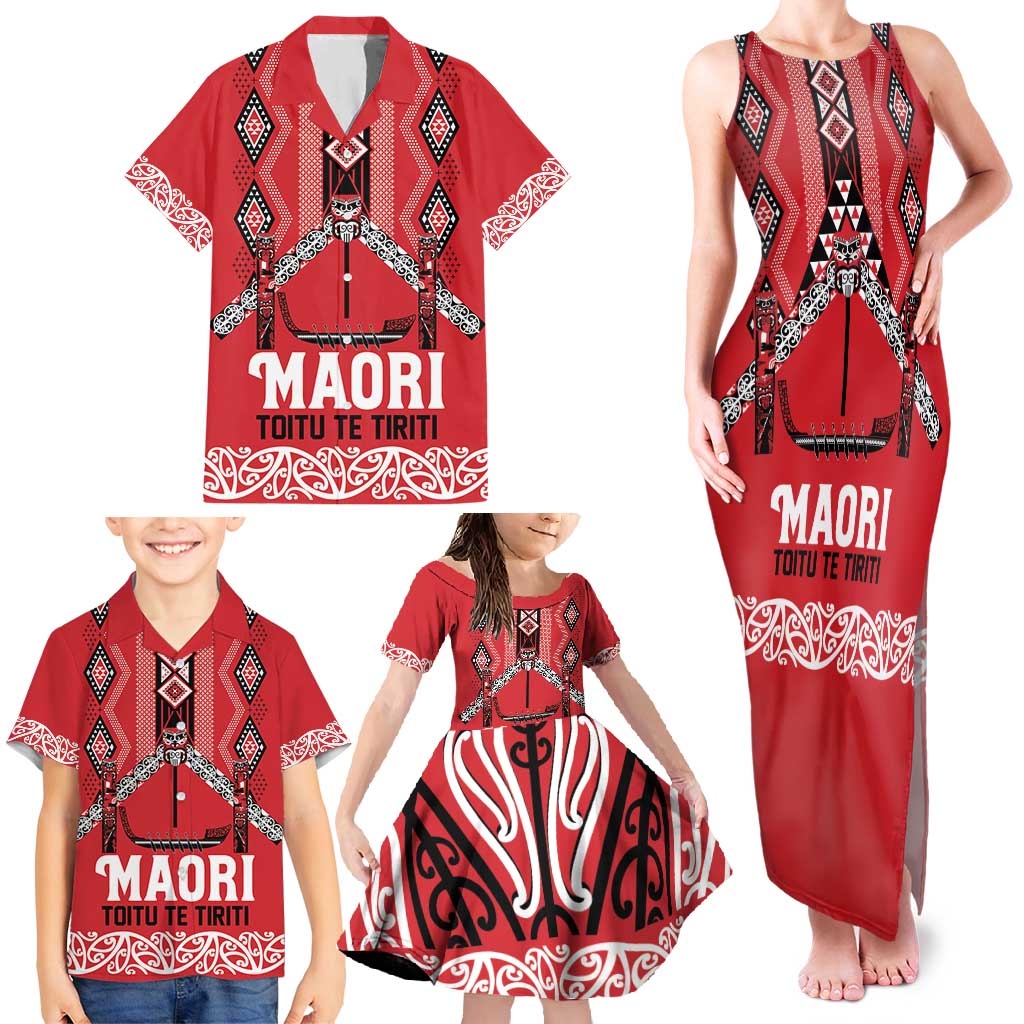 Toitu Te Tiriti Waitangi Family Matching Tank Maxi Dress and Hawaiian Shirt Red Wharenui House - Polynesian Pride