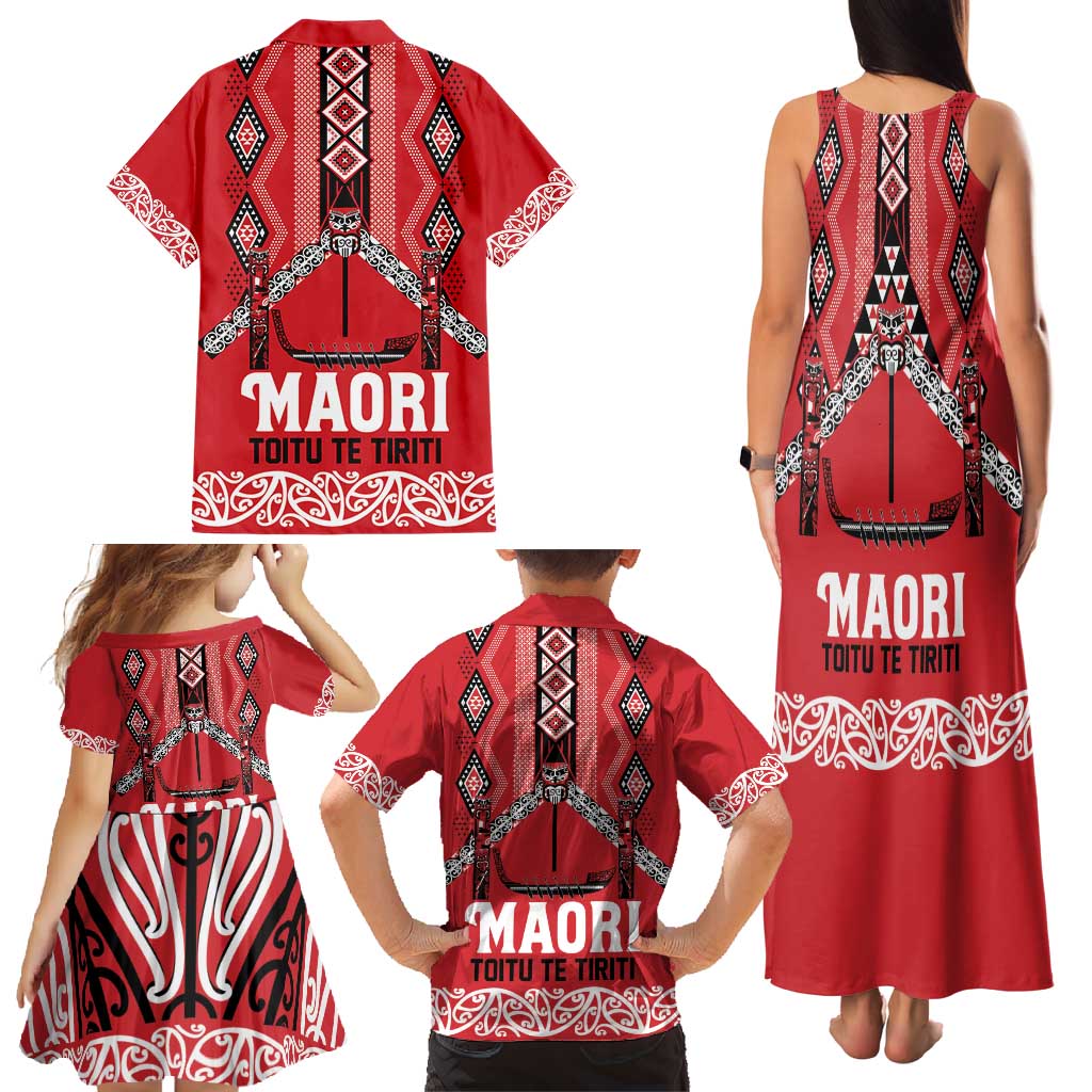 Toitu Te Tiriti Waitangi Family Matching Tank Maxi Dress and Hawaiian Shirt Red Wharenui House - Polynesian Pride