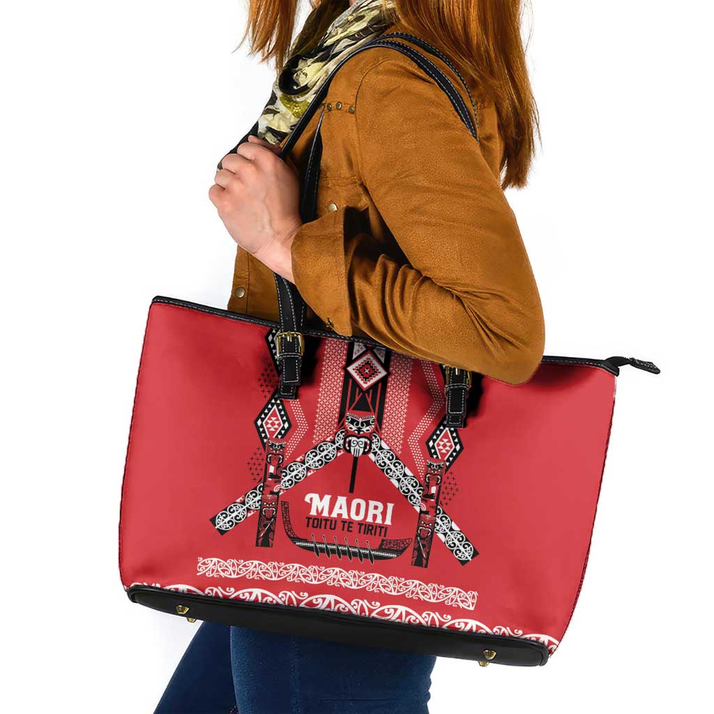 Toitu Te Tiriti Waitangi Leather Tote Bag Red Wharenui House - Polynesian Pride