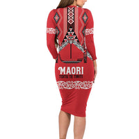 Toitu Te Tiriti Waitangi Long Sleeve Bodycon Dress Red Wharenui House - Polynesian Pride
