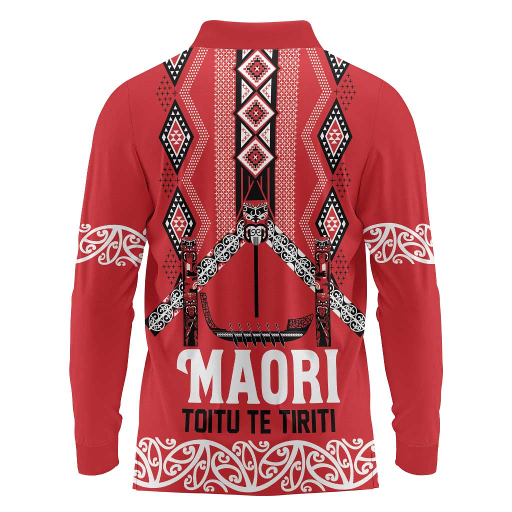 Toitu Te Tiriti Waitangi Long Sleeve Polo Shirt Red Wharenui House - Polynesian Pride