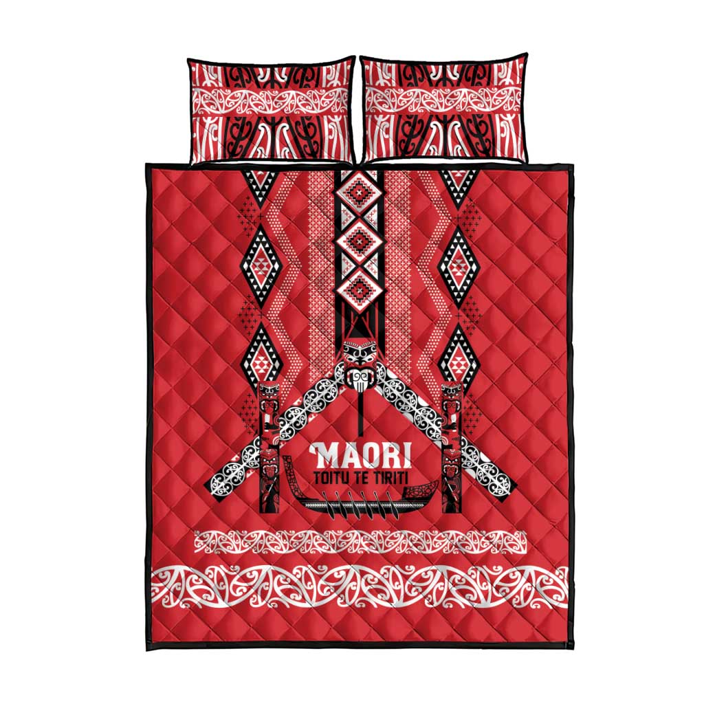 Toitu Te Tiriti Waitangi Quilt Bed Set Red Wharenui House - Polynesian Pride