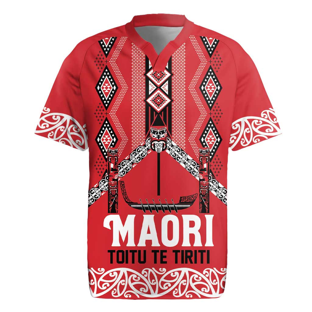 Toitu Te Tiriti Waitangi Rugby Jersey Red Wharenui House LT9 Red - Polynesian Pride