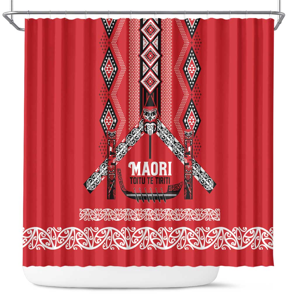 Toitu Te Tiriti Waitangi Shower Curtain Red Wharenui House - Polynesian Pride