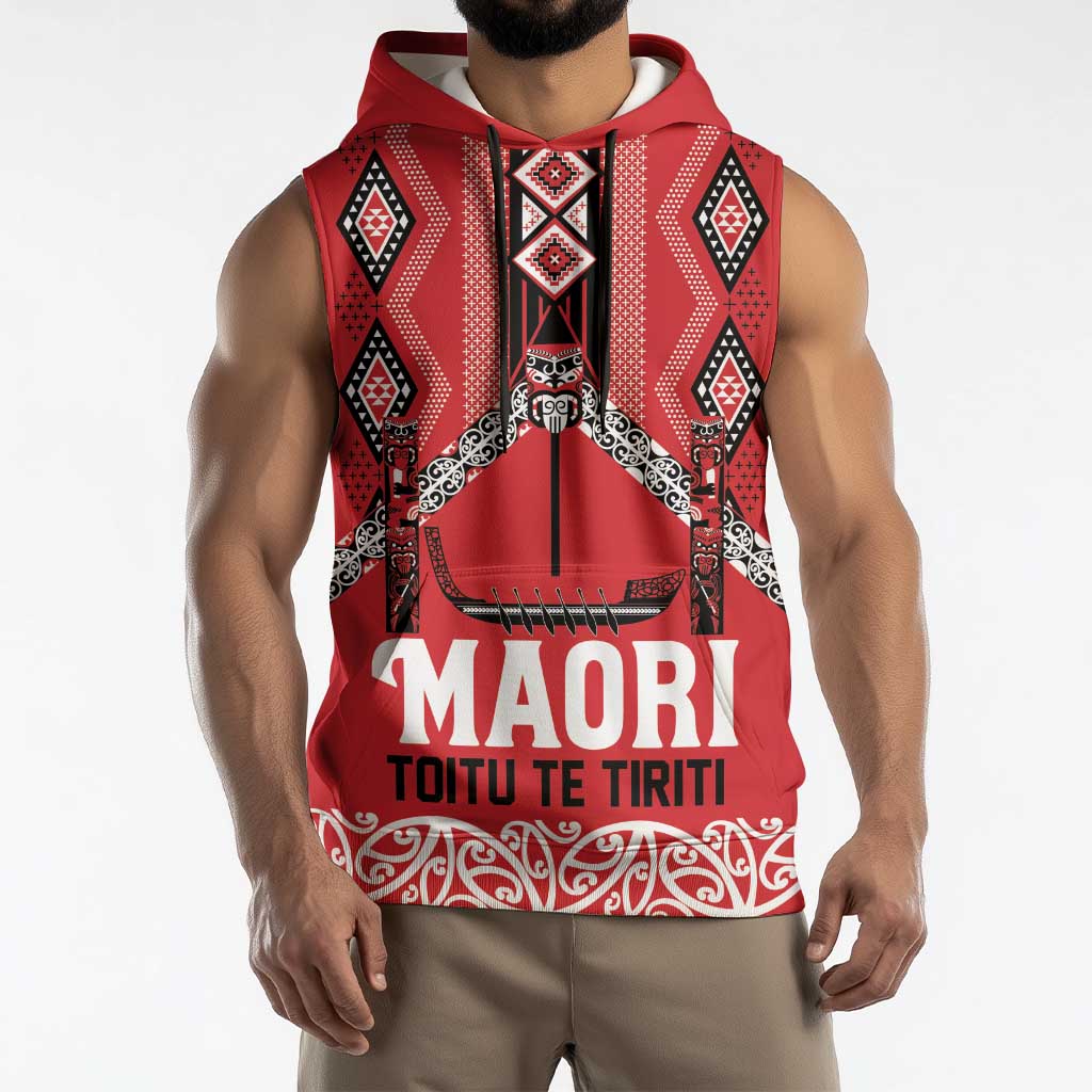 Toitu Te Tiriti Waitangi Sleeveless Hoodie Red Wharenui House LT9 - Polynesian Pride