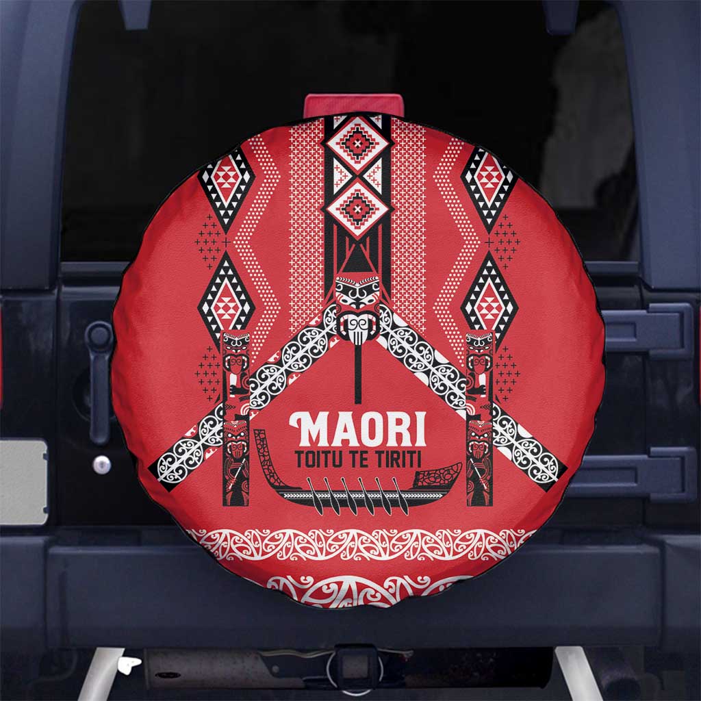 Toitu Te Tiriti Waitangi Spare Tire Cover Red Wharenui House LT9 No hole Red - Polynesian Pride