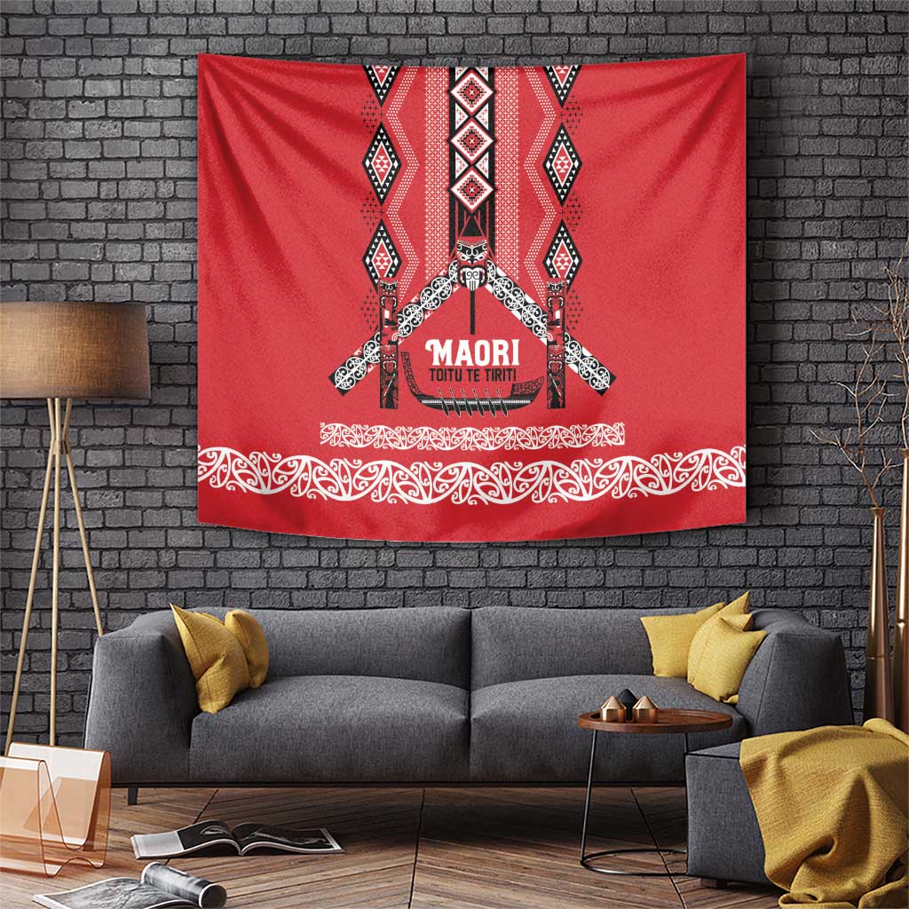 Toitu Te Tiriti Waitangi Tapestry Red Wharenui House - Polynesian Pride