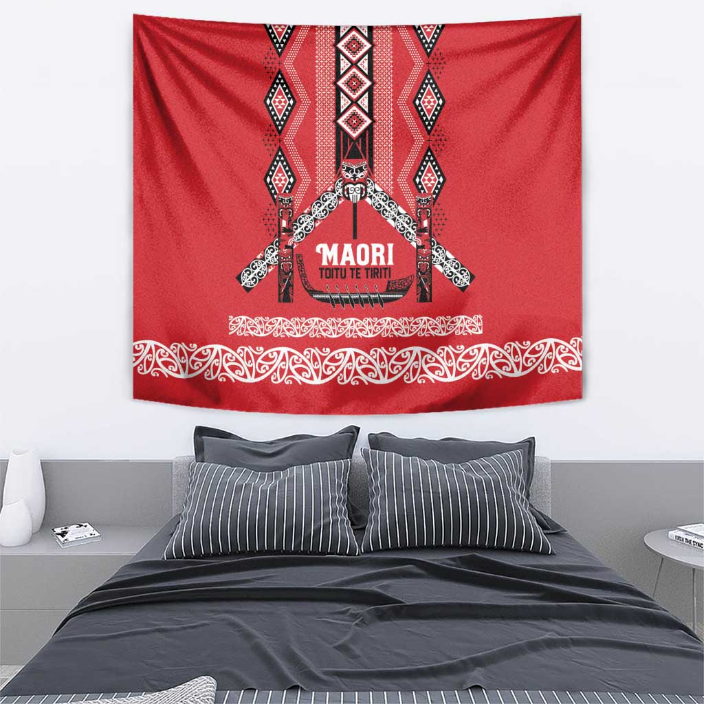 Toitu Te Tiriti Waitangi Tapestry Red Wharenui House - Polynesian Pride