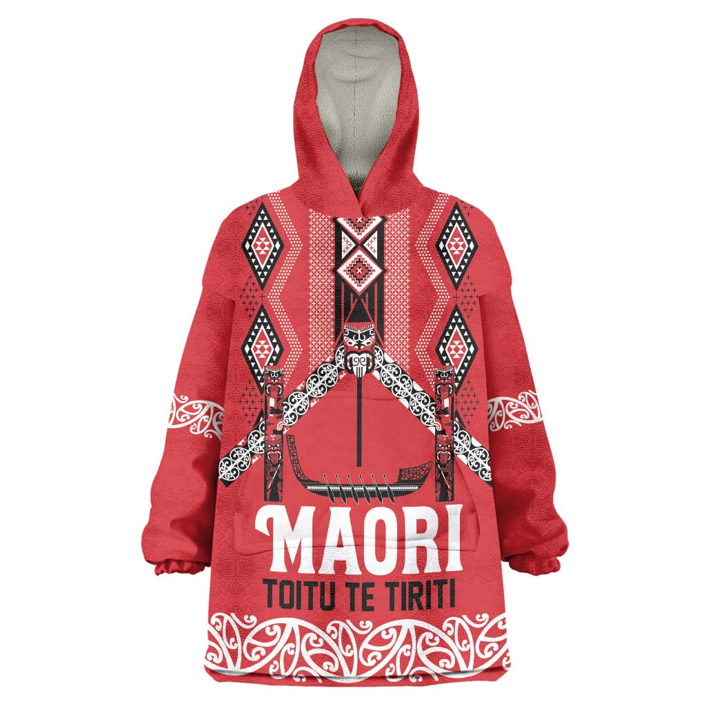 Toitu Te Tiriti Waitangi Wearable Blanket Hoodie Red Wharenui House LT9 One Size Red - Polynesian Pride