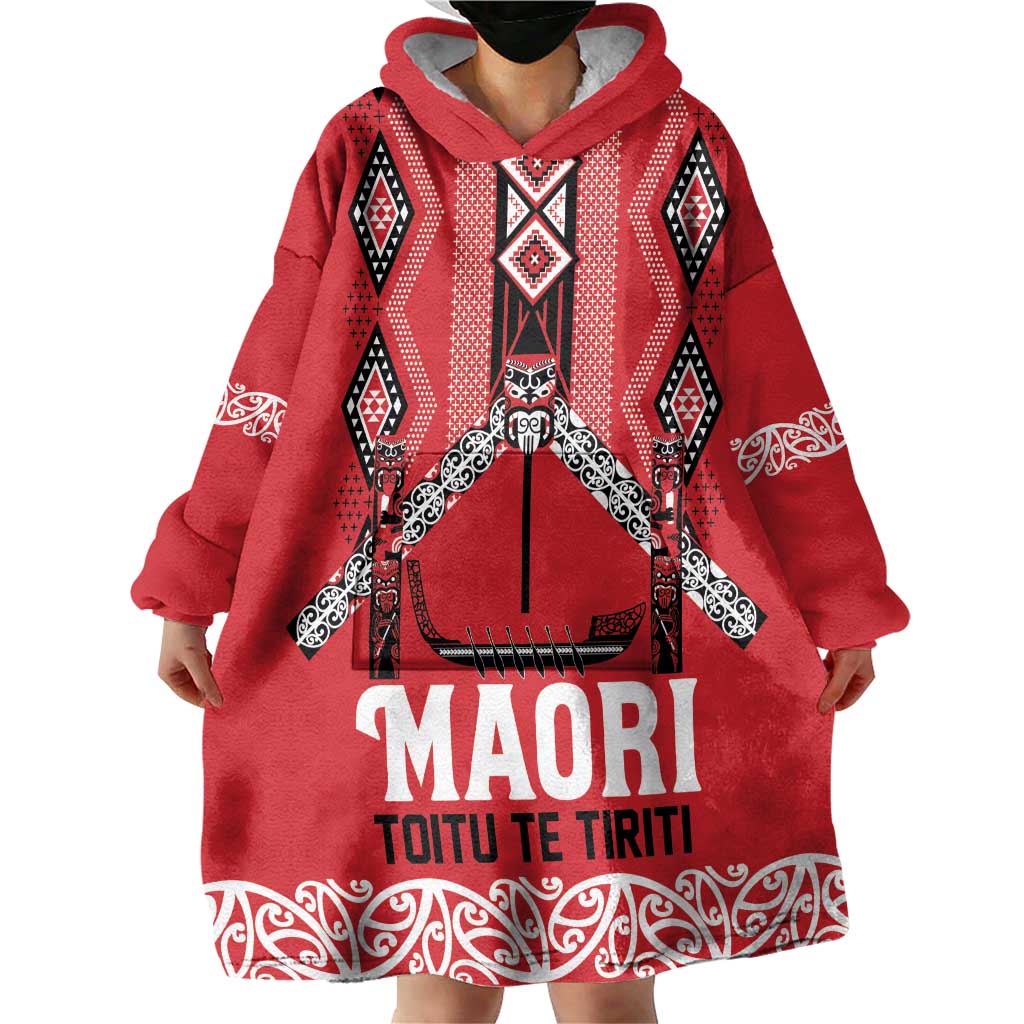Toitu Te Tiriti Waitangi Wearable Blanket Hoodie Red Wharenui House - Polynesian Pride