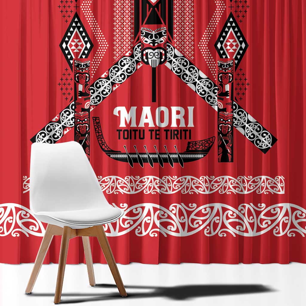 Toitu Te Tiriti Waitangi Window Curtain Red Wharenui House - Polynesian Pride