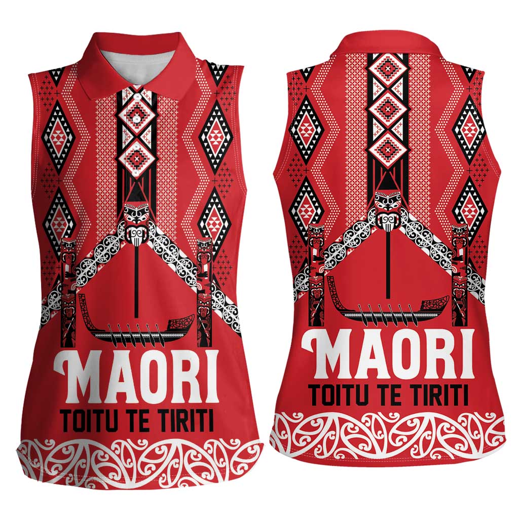 Toitu Te Tiriti Waitangi Women Sleeveless Polo Shirt Red Wharenui House - Polynesian Pride