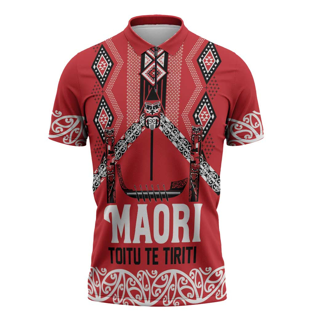 Toitu Te Tiriti Waitangi Zipper Polo Shirt Red Wharenui House - Polynesian Pride