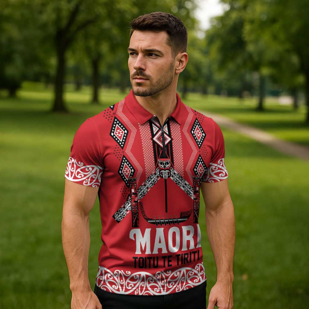 Toitu Te Tiriti Waitangi Zipper Polo Shirt Red Wharenui House LT9 - Polynesian Pride
