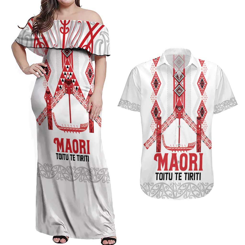 Toitu Te Tiriti Waitangi Couples Matching Off Shoulder Maxi Dress and Hawaiian Shirt White Wharenui House LT9 white - Polynesian Pride