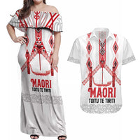 Toitu Te Tiriti Waitangi Couples Matching Off Shoulder Maxi Dress and Hawaiian Shirt White Wharenui House - Polynesian Pride