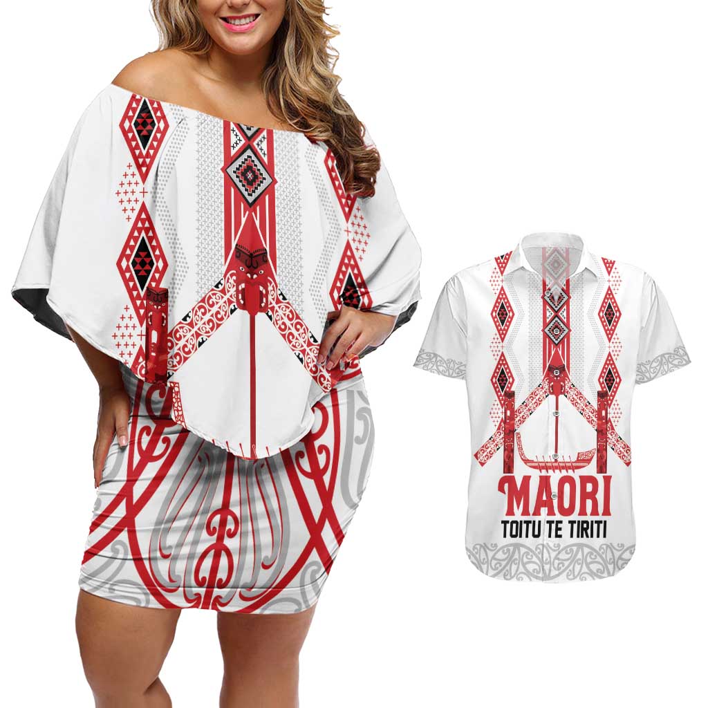 Toitu Te Tiriti Waitangi Couples Matching Off Shoulder Short Dress and Hawaiian Shirt White Wharenui House LT9 white - Polynesian Pride