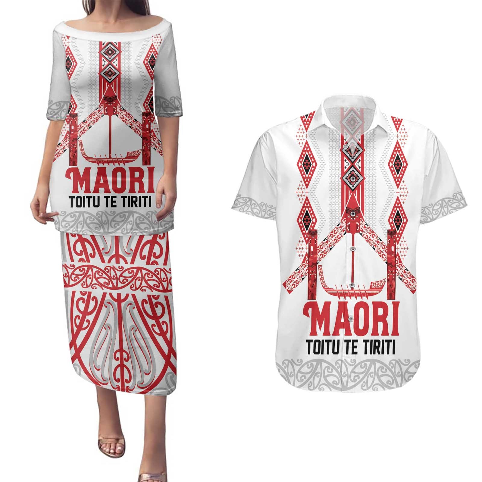 Toitu Te Tiriti Waitangi Couples Matching Puletasi and Hawaiian Shirt White Wharenui House LT9 white - Polynesian Pride