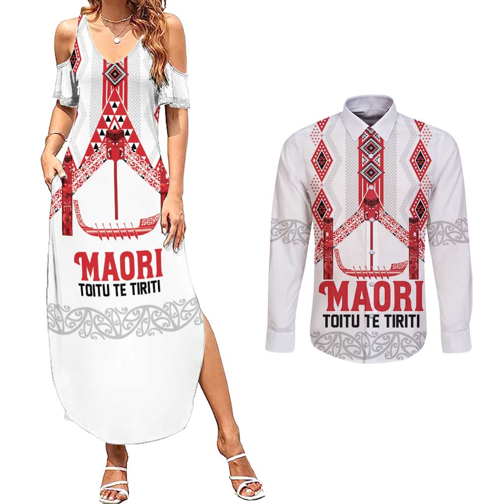 Toitu Te Tiriti Waitangi Couples Matching Summer Maxi Dress and Long Sleeve Button Shirt White Wharenui House - Polynesian Pride