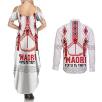 Toitu Te Tiriti Waitangi Couples Matching Summer Maxi Dress and Long Sleeve Button Shirt White Wharenui House - Polynesian Pride