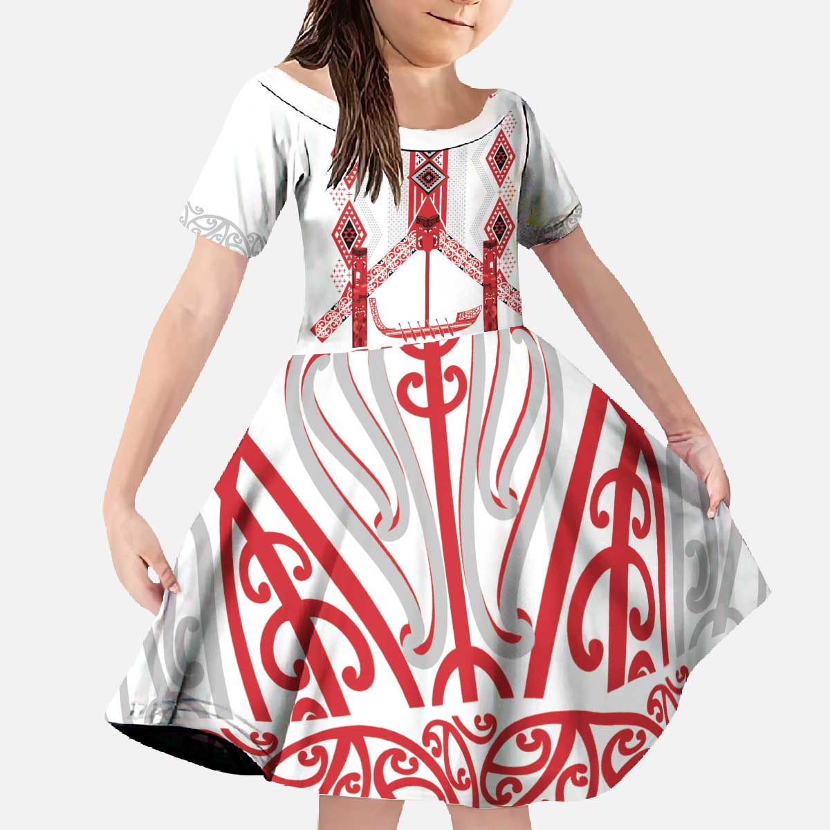 Toitu Te Tiriti Waitangi Family Matching Off The Shoulder Long Sleeve Dress and Hawaiian Shirt White Wharenui House - Polynesian Pride