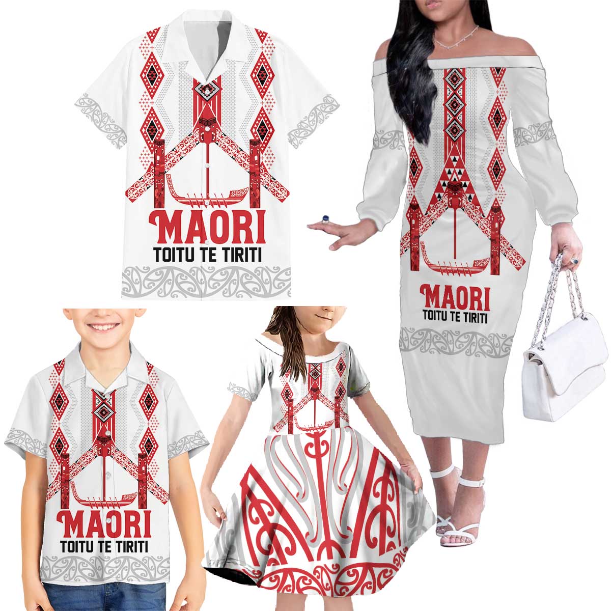 Toitu Te Tiriti Waitangi Family Matching Off The Shoulder Long Sleeve Dress and Hawaiian Shirt White Wharenui House - Polynesian Pride