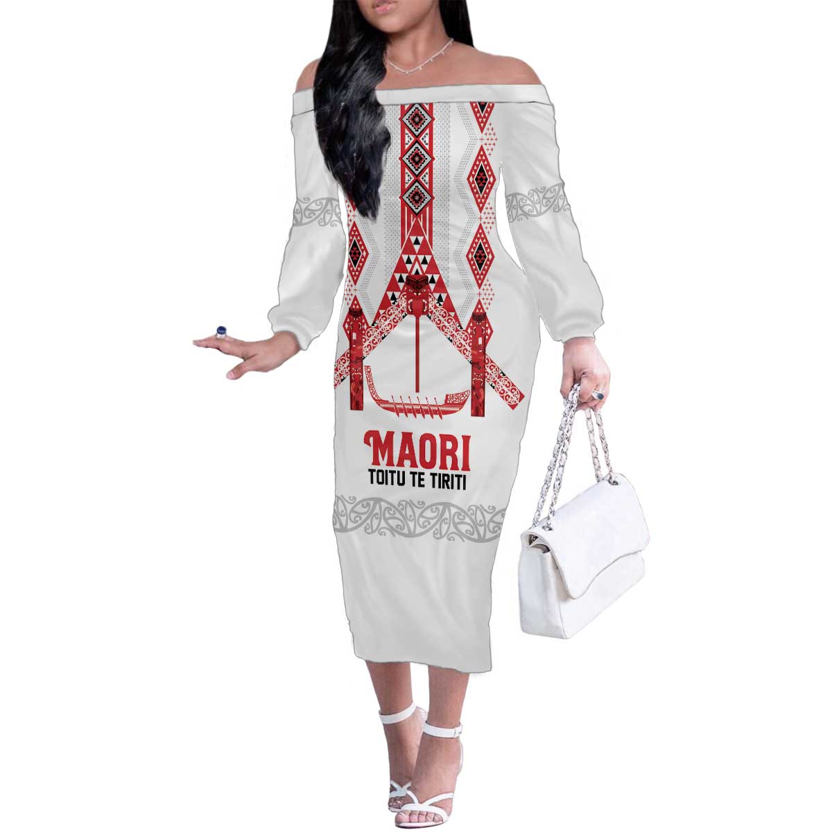 Toitu Te Tiriti Waitangi Family Matching Off The Shoulder Long Sleeve Dress and Hawaiian Shirt White Wharenui House - Polynesian Pride