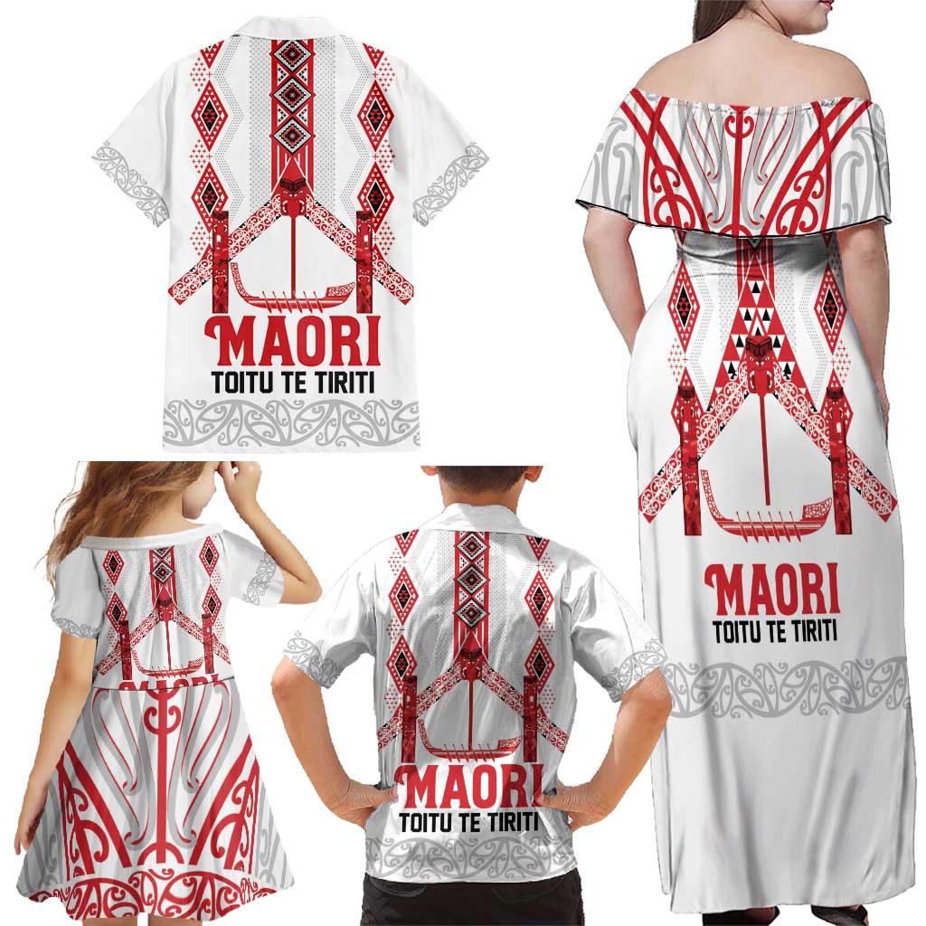 Toitu Te Tiriti Waitangi Family Matching Off Shoulder Maxi Dress and Hawaiian Shirt White Wharenui House - Polynesian Pride