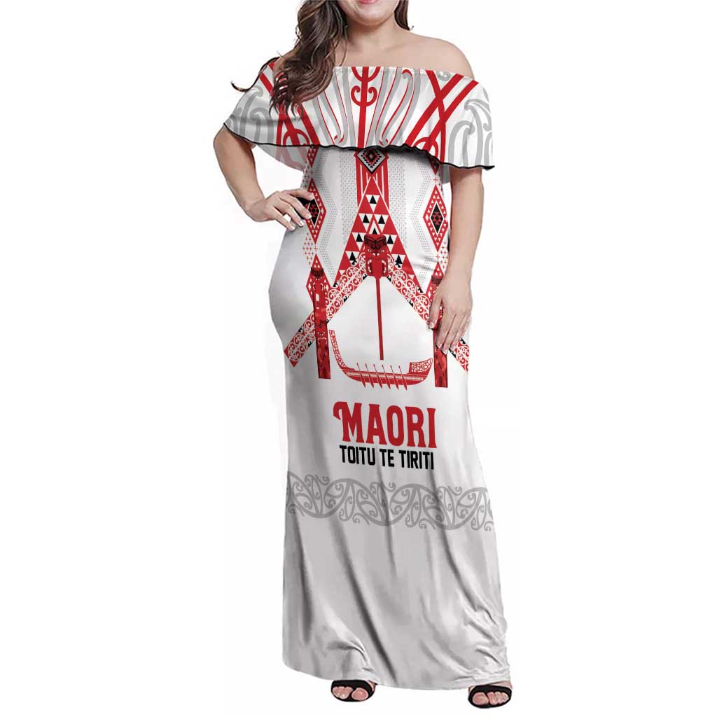 Toitu Te Tiriti Waitangi Family Matching Off Shoulder Maxi Dress and Hawaiian Shirt White Wharenui House - Polynesian Pride