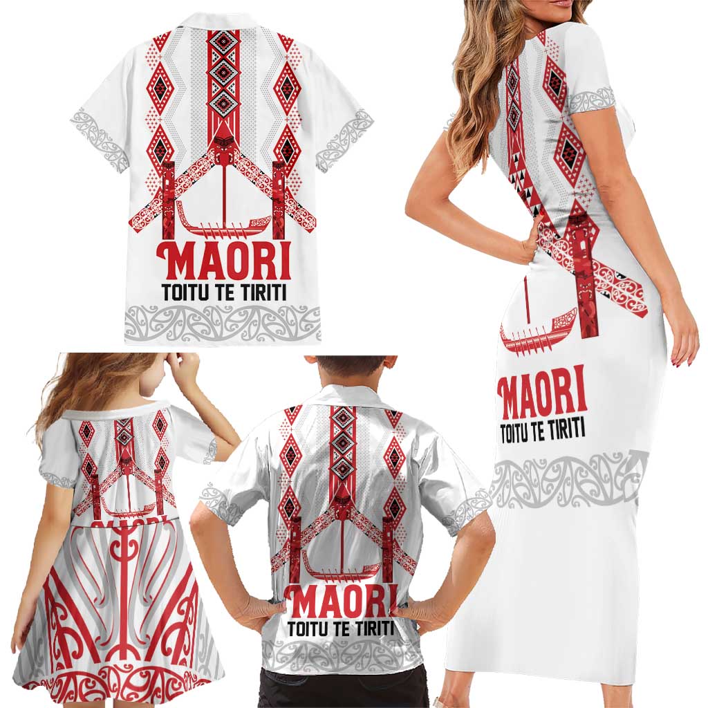 Toitu Te Tiriti Waitangi Family Matching Short Sleeve Bodycon Dress and Hawaiian Shirt White Wharenui House - Polynesian Pride