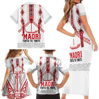 Toitu Te Tiriti Waitangi Family Matching Short Sleeve Bodycon Dress and Hawaiian Shirt White Wharenui House - Polynesian Pride