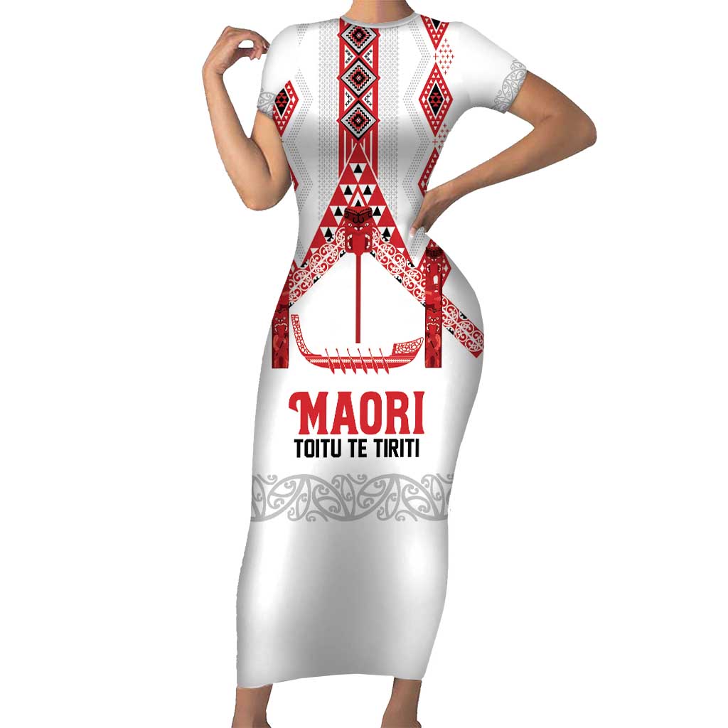 Toitu Te Tiriti Waitangi Family Matching Short Sleeve Bodycon Dress and Hawaiian Shirt White Wharenui House - Polynesian Pride