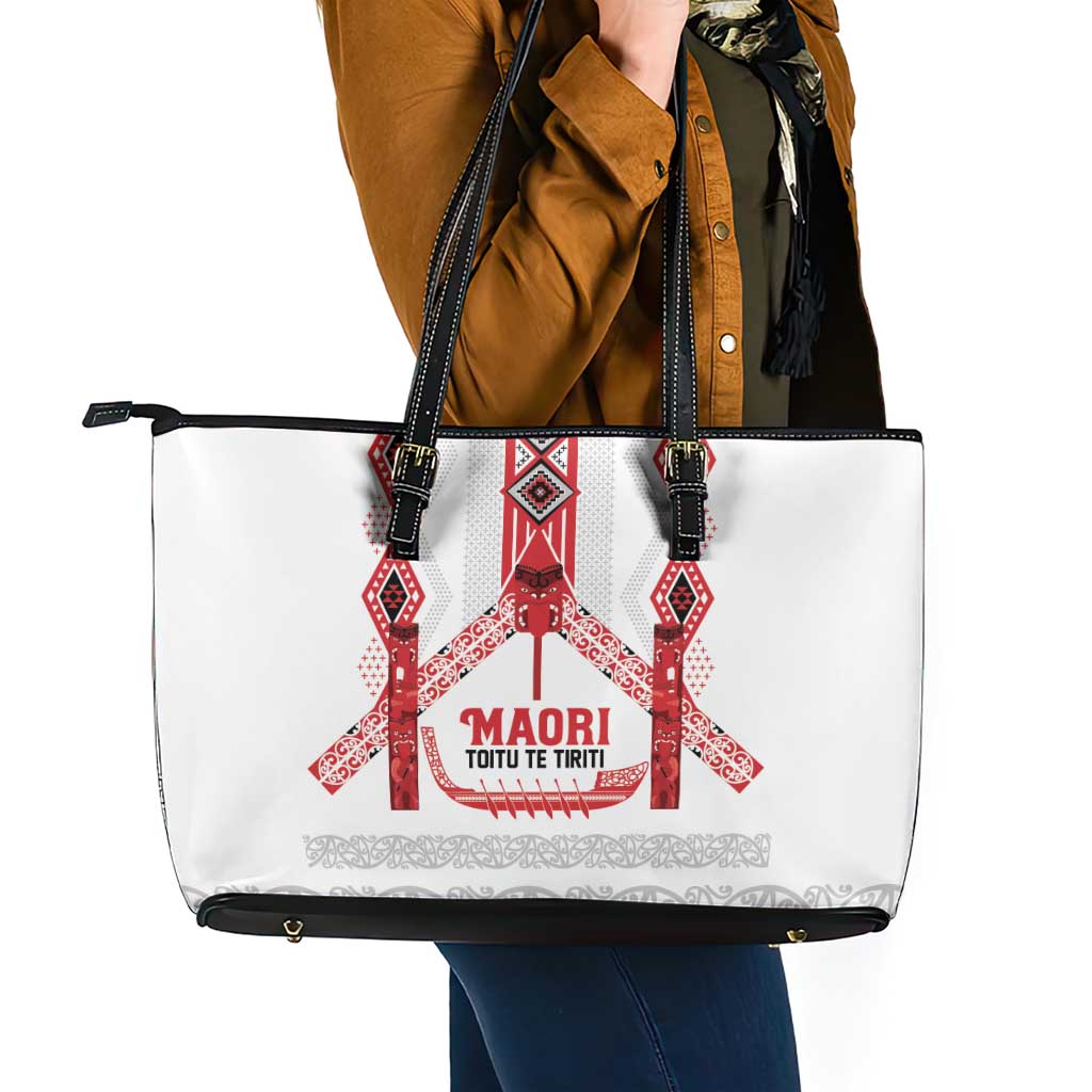 Toitu Te Tiriti Waitangi Leather Tote Bag White Wharenui House - Polynesian Pride