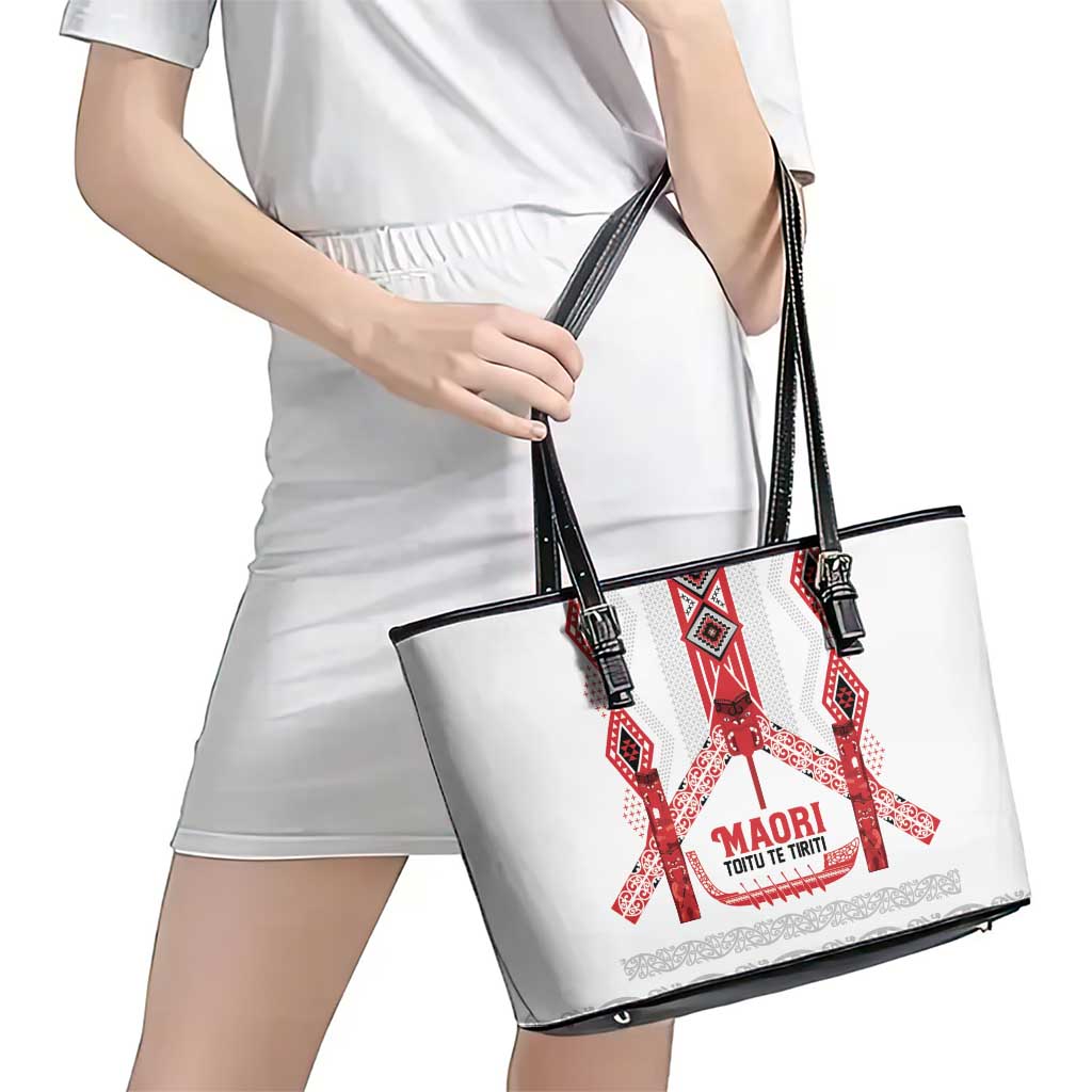 Toitu Te Tiriti Waitangi Leather Tote Bag White Wharenui House - Polynesian Pride