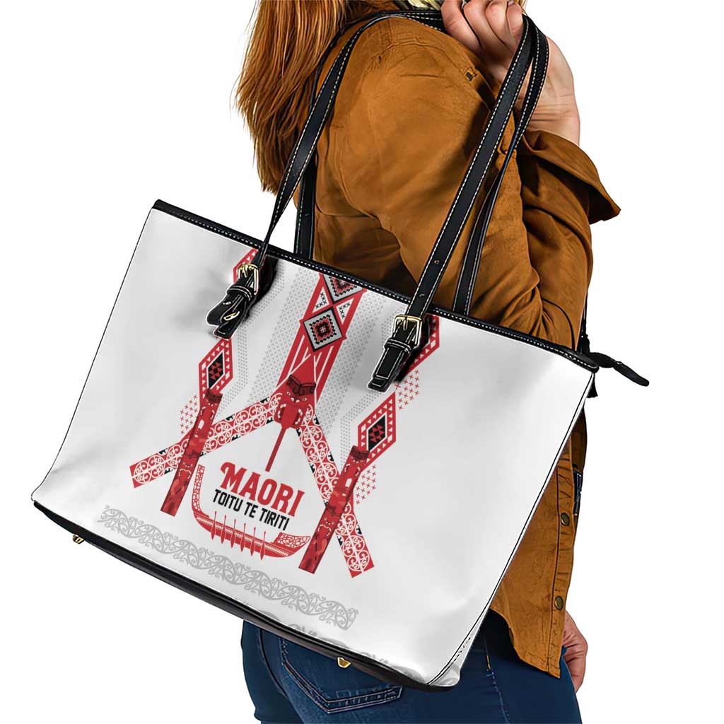 Toitu Te Tiriti Waitangi Leather Tote Bag White Wharenui House - Polynesian Pride