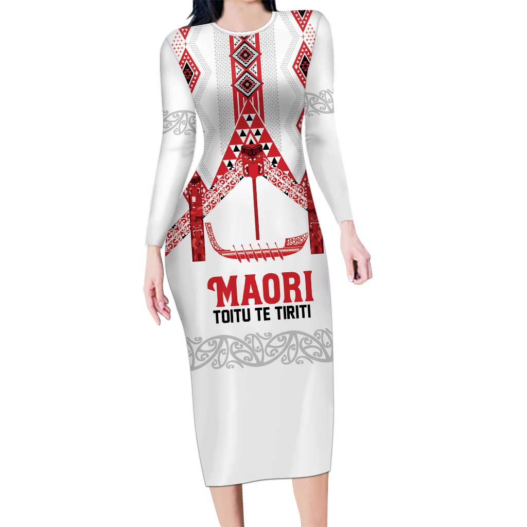 Toitu Te Tiriti Waitangi Long Sleeve Bodycon Dress White Wharenui House - Polynesian Pride