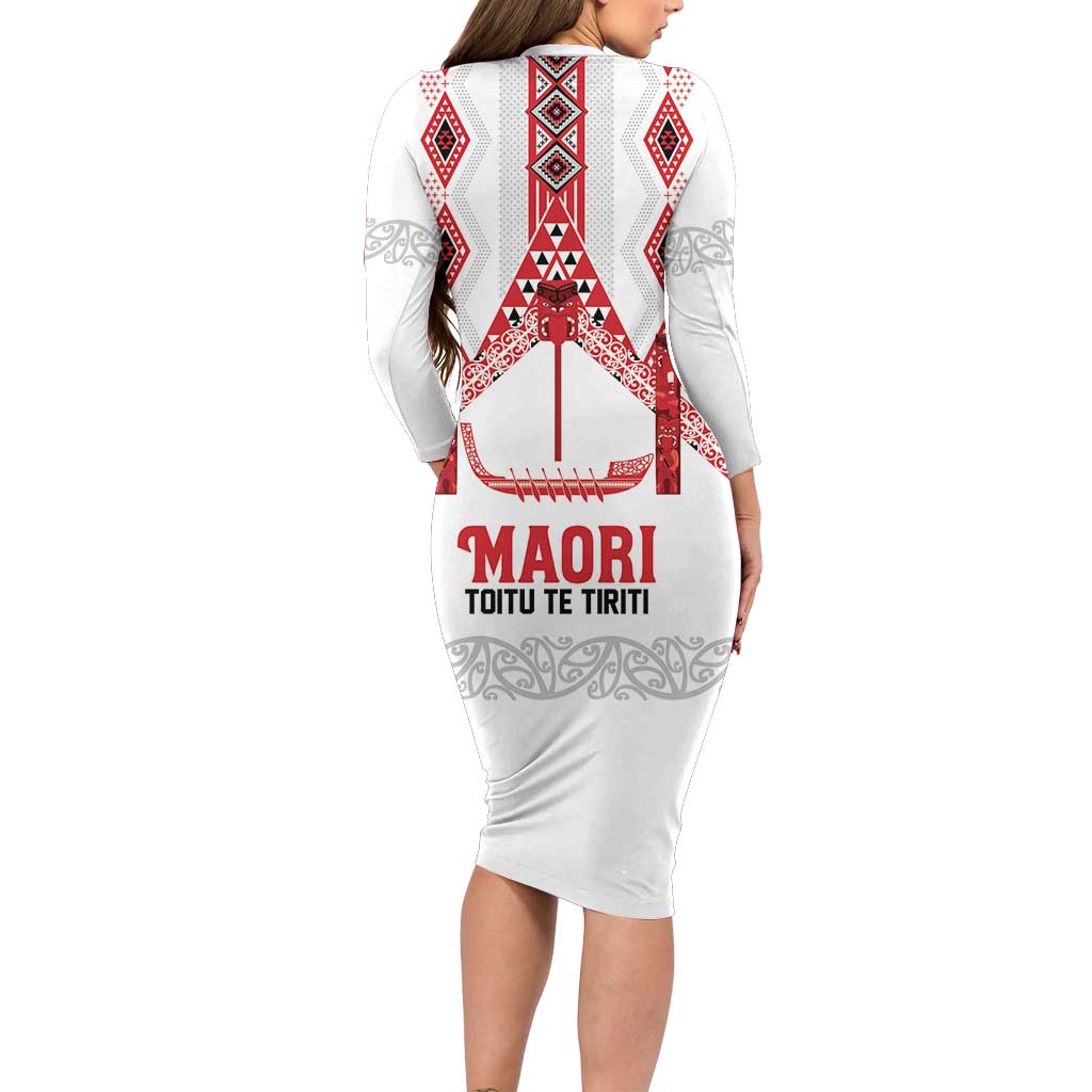 Toitu Te Tiriti Waitangi Long Sleeve Bodycon Dress White Wharenui House - Polynesian Pride