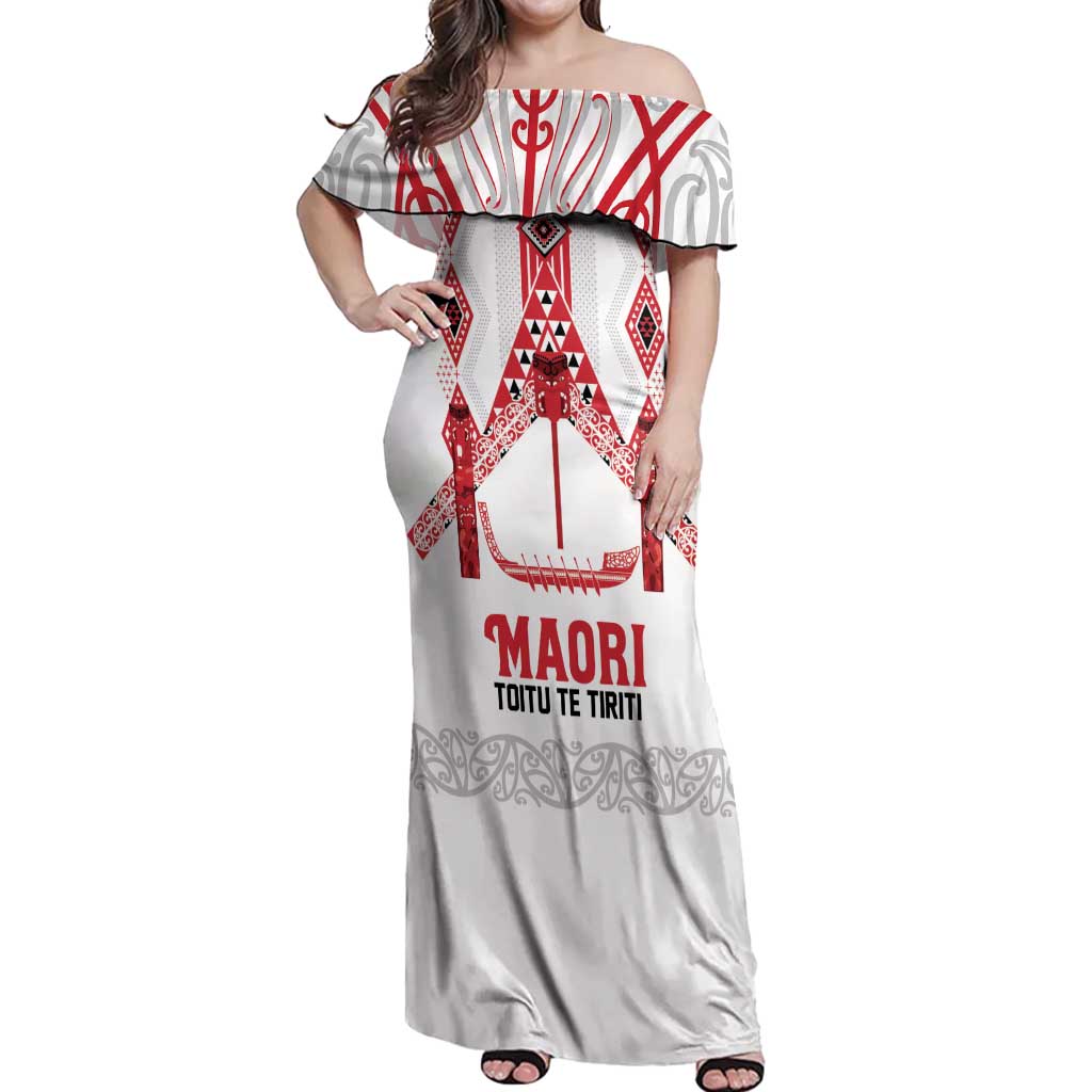 Toitu Te Tiriti Waitangi Off Shoulder Maxi Dress White Wharenui House LT9 Women white - Polynesian Pride