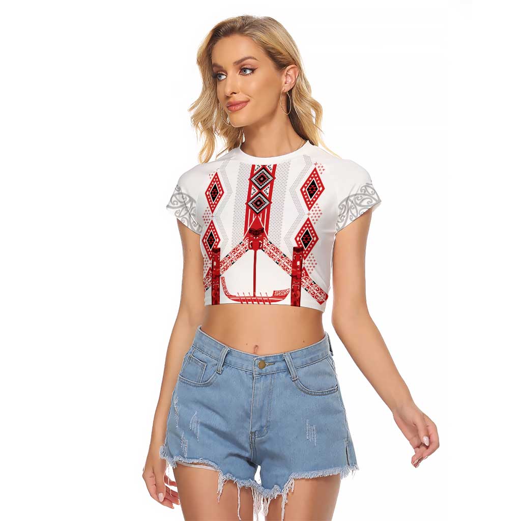 Toitu Te Tiriti Waitangi Raglan Cropped T Shirt White Wharenui House LT9 Female white - Polynesian Pride