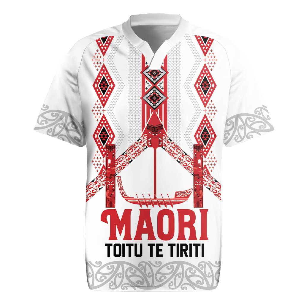 Toitu Te Tiriti Waitangi Rugby Jersey White Wharenui House LT9 white - Polynesian Pride