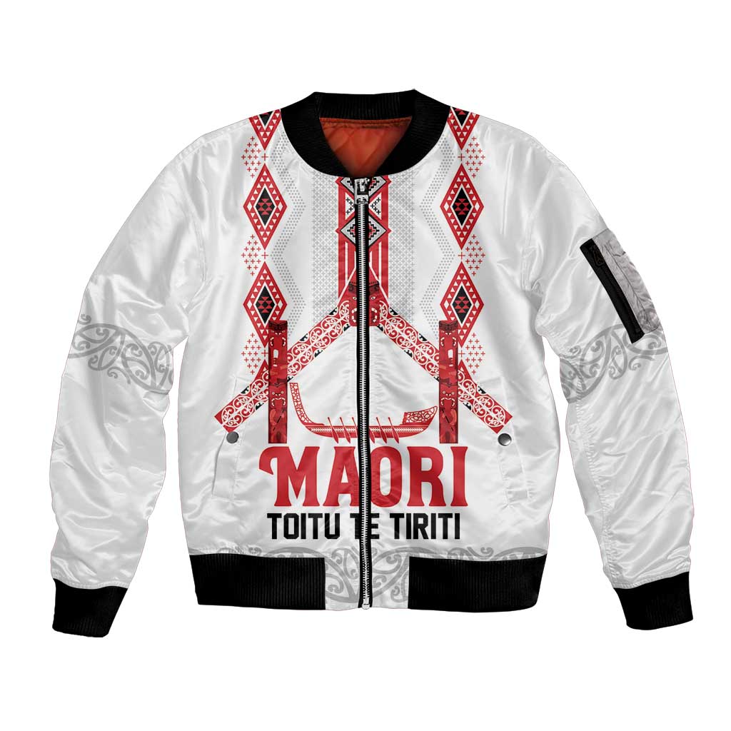 Toitu Te Tiriti Waitangi Sleeve Zip Bomber Jacket White Wharenui House - Polynesian Pride