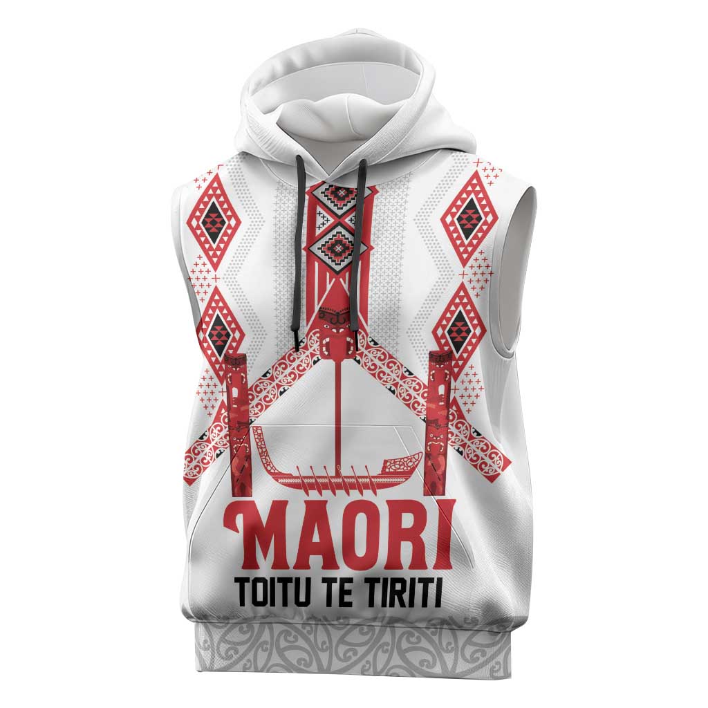 Toitu Te Tiriti Waitangi Sleeveless Hoodie White Wharenui House LT9 white - Polynesian Pride