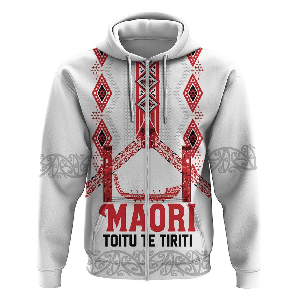 Toitu Te Tiriti Waitangi Zip Hoodie White Wharenui House LT9 Zip Hoodie white - Polynesian Pride