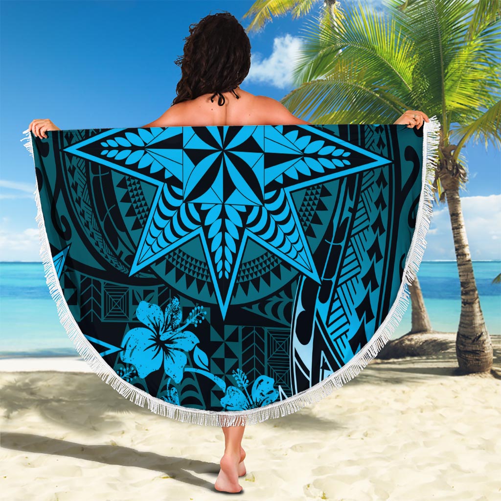 Vintage Tonga Tribal Ngatu Pattern Beach Blanket With Pacific Floral Aqua Art